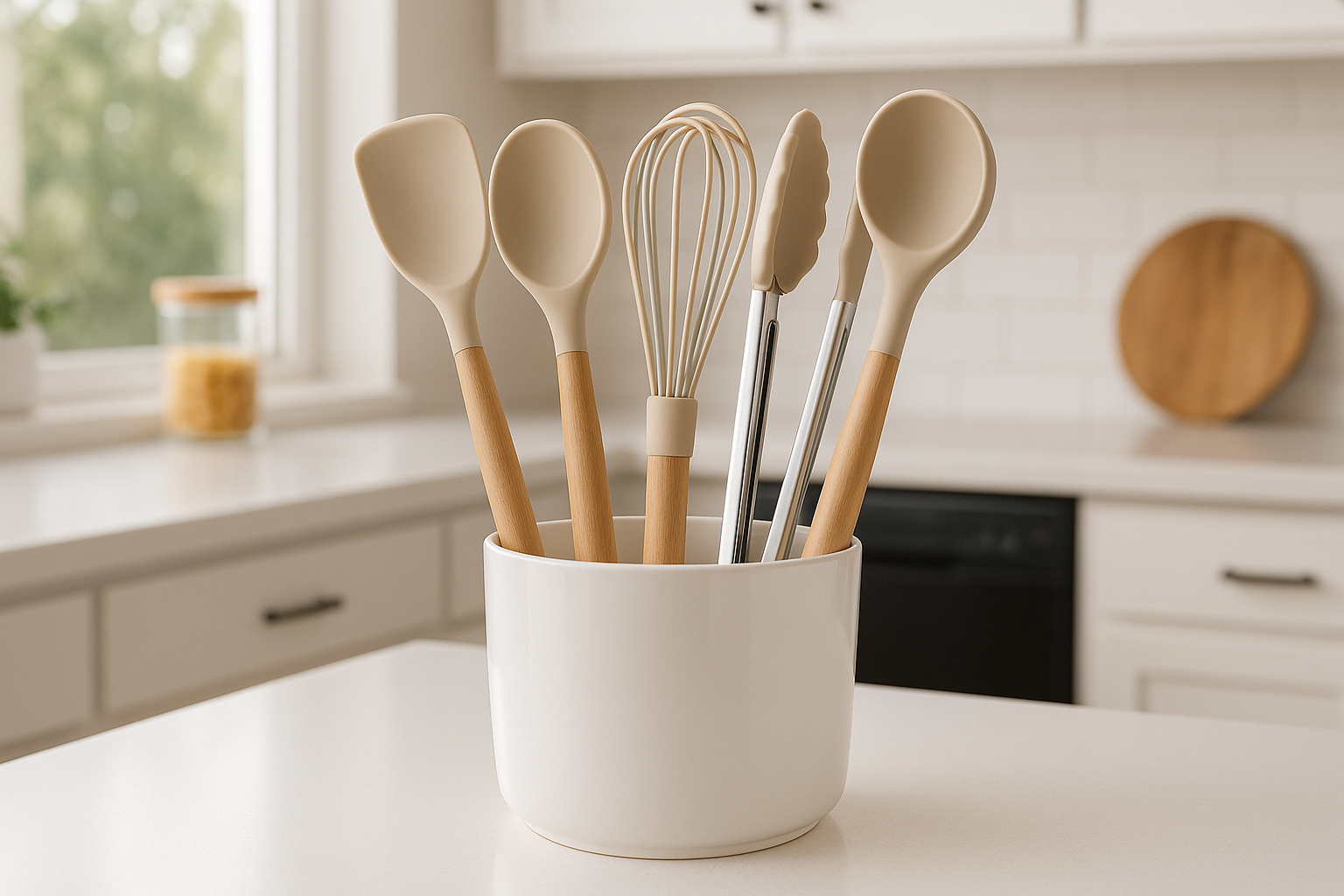 Cozinha Prática Conjunto 5 Utensílios Silicone Cabo Madeira Porta Utensílios